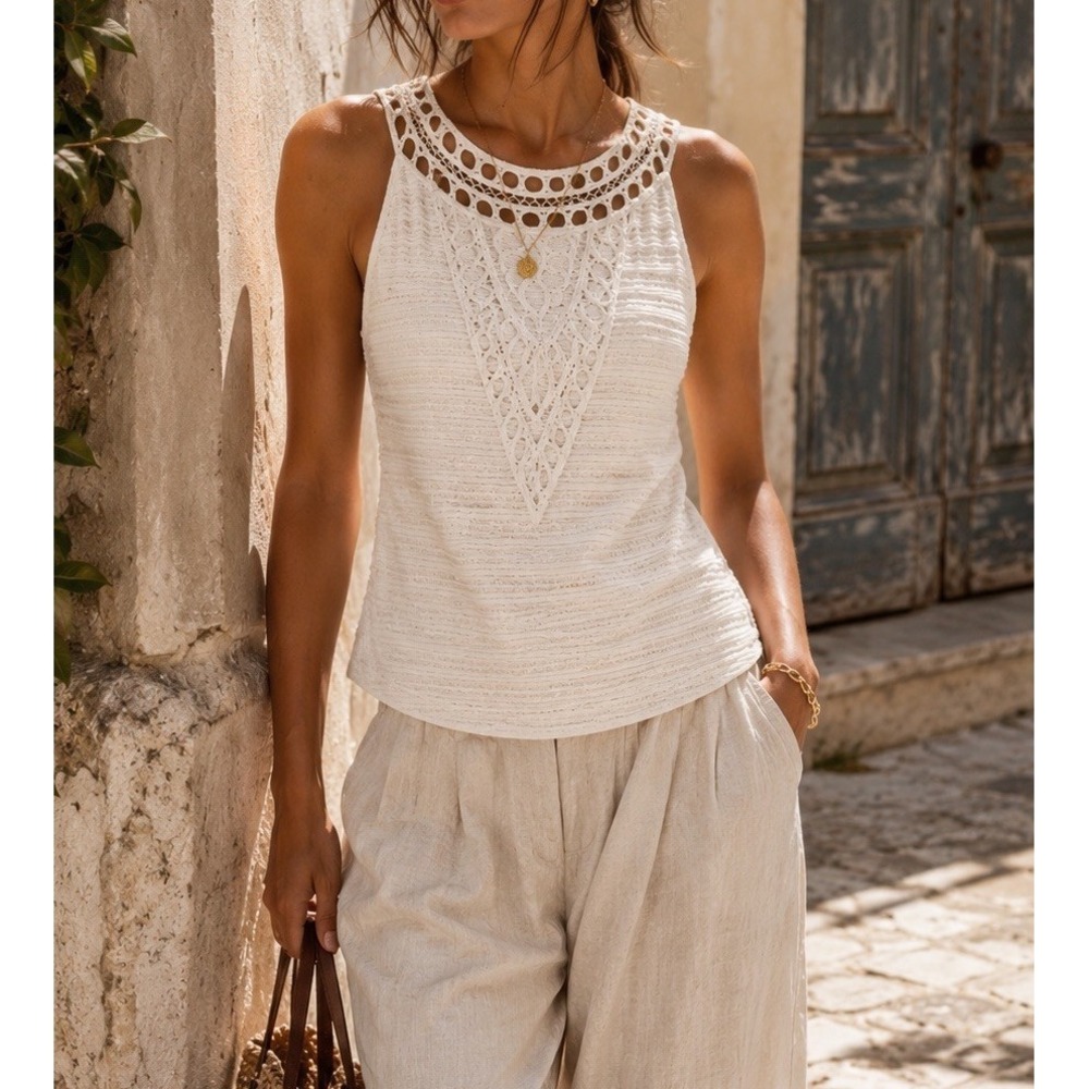 Postmark Anthropologie Aicha Crochet Tank Top White Boho Coastal Medium